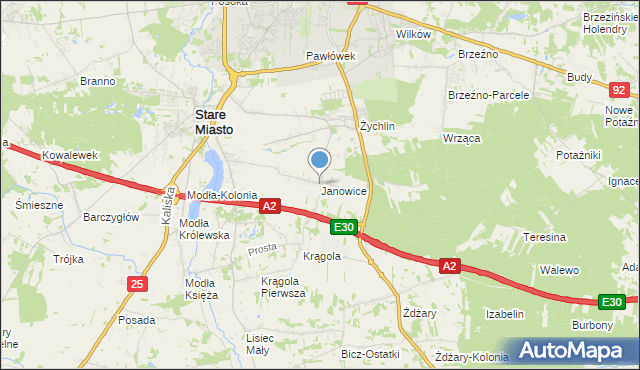 mapa Janowice, Janowice gmina Stare Miasto na mapie Targeo